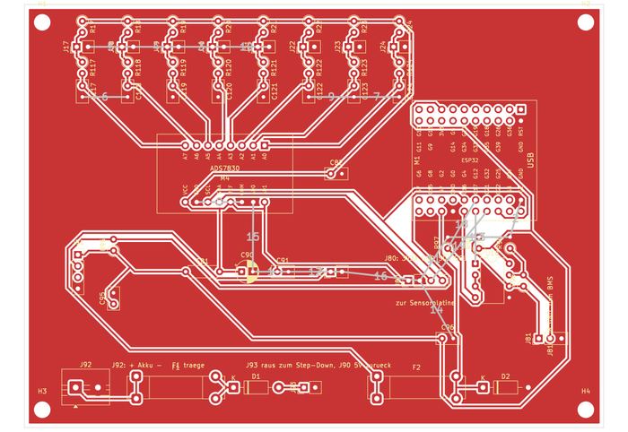 Layout der Kopfplatine in Rot: links die Anschlussreihe mit Widerständen, rechts die Sockel für das Mikrocontroller-Modul, dazu Sicherungen, Dioden und beschriftete Klemmen für Akku und BMS