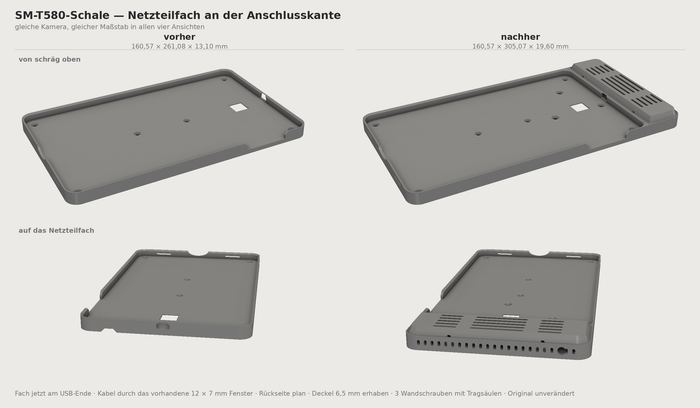 Vergleich der Tabletschale vorher und nachher in je zwei Ansichten, gleiche Kamera und gleicher Maßstab. Rechts ist an der Stirnseite ein belüftetes Fach angesetzt, das die Schale um gut 44 mm länger macht