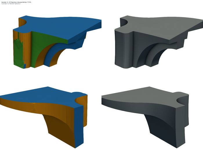 Vier Ansichten eines Maschinenbauteils, links nach Flächentyp eingefärbt in Blau, Orange und Grün, rechts dasselbe Teil einfarbig grau. Oben links steht der Volumenfehler mit 7,16 Prozent