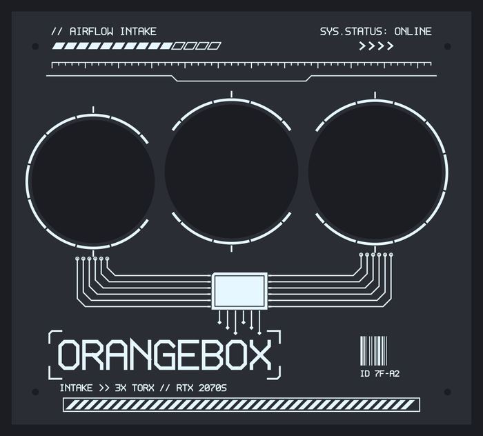 Entwurf der Gravur: drei große Kreise für die Lüfter, darüber eine Skala und der Schriftzug AIRFLOW INTAKE, darunter Leiterbahnen zu einem Chip und der Name ORANGEBOX in eckiger Schrift, dazu ein Strichcode