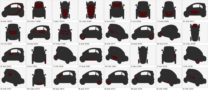 Übersichtsblatt mit 32 Silhouetten desselben Kleinstfahrzeugs in verschiedenen Ansichten. In jeder ist eine andere Karosseriefläche rot hervorgehoben, darunter Nummer, Ansicht und Flächenzahl