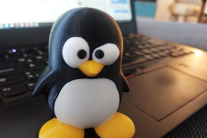 Ein gedruckter Pinguin in Schwarz, Weiß und Gelb steht auf einer Laptoptastatur