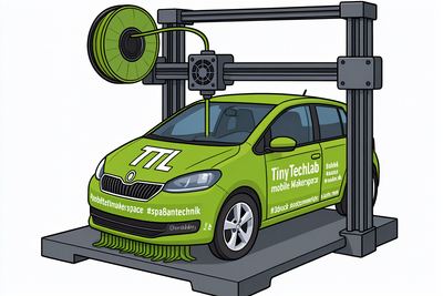 Zeichnung: das grüne TinyTechLab-Fahrzeug entsteht gerade auf einem 3D-Drucker