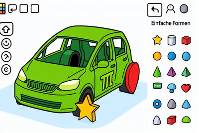 Zeichnung: das TinyTechLab-Fahrzeug als Modell in der Tinkercad-Oberfläche, daneben die Palette der Grundformen
