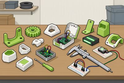 Zeichnung: eine Werkbank voller unterschiedlicher Prototypen — gedruckte Halter, Zahnräder und Gehäuse, dazwischen offene Gehäuse mit Platinen und Drähten, ein Steckbrett und ein Messschieber