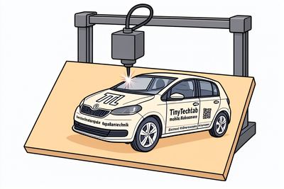 Zeichnung: ein Lasercutter graviert das TinyTechLab-Fahrzeug in eine Holzplatte