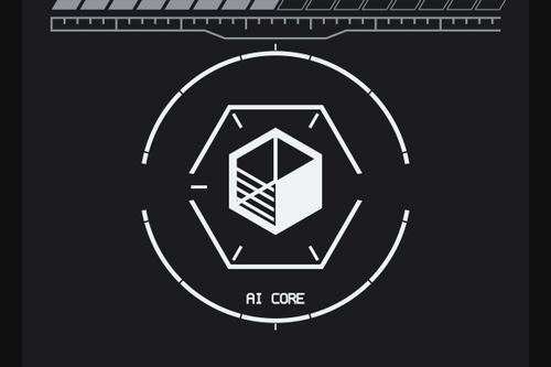 Grafik im Cyberpunk-Stil mit Sechseck, Strichcode und der Aufschrift BLACKBOX AI CORE