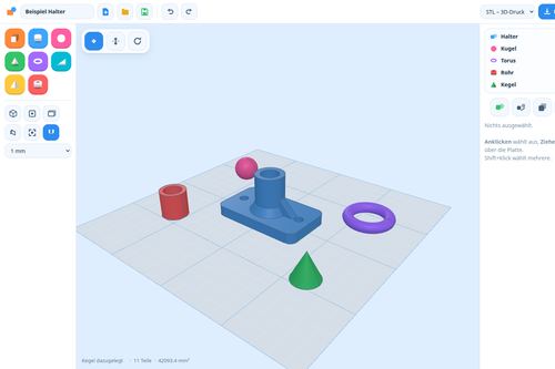 Oberfläche eines Browser-CAD mit Formkacheln, Arbeitsplatte und Teileliste