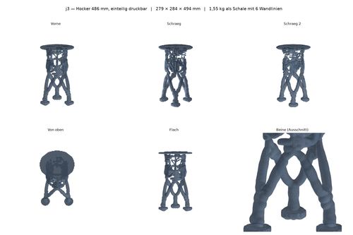 Sechs Ansichten eines topologieoptimierten Barhockers mit verzweigten Streben