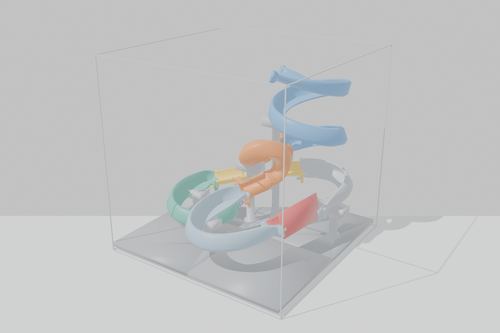 Isometrische Ansicht einer mehrstöckigen Kugelbahn mit Wendel und Looping