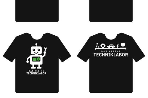 Vier Shirt-Entwürfe einer Technikmarke auf schwarzen Shirts: Rundmarke, Wortmarke, Maskottchen und eine Reihe aus Werkzeugsymbolen