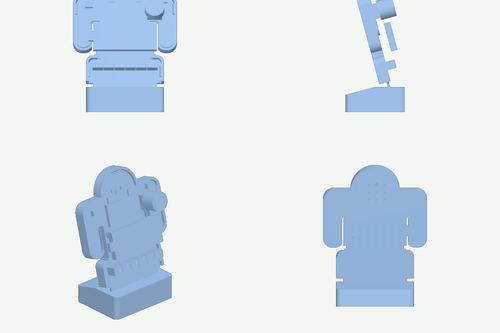 Vier Ansichten eines Gehäuses in Robotform für eine Mikrocontroller-Platine