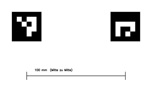 Ein Blatt mit vier quadratischen Markierungscodes und einer Maßangabe von 100 Millimetern