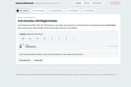 Lernanwendung zum Thema Subnetting mit Aufgabenstellung und Schalterreihe