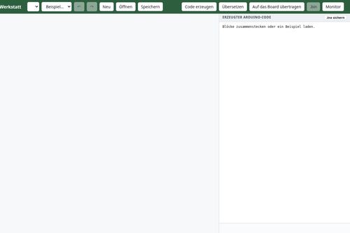 Browser-Oberfläche einer Programmierumgebung mit Blockeditor und Werkzeugleiste