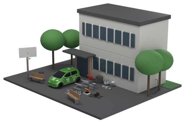 Schaubild: das TinyTechLab-Fahrzeug auf einem Schulhof, daneben die ausgeladene Ausrüstung — Alukisten, 3D-Drucker, Lasercutter und Laptops